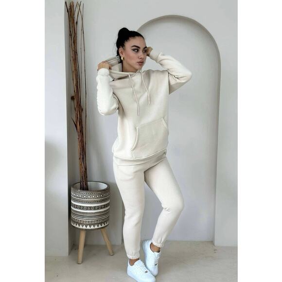 No Brand Pants - Cream 2-Piece  Sweat Pants Hoodie Set
